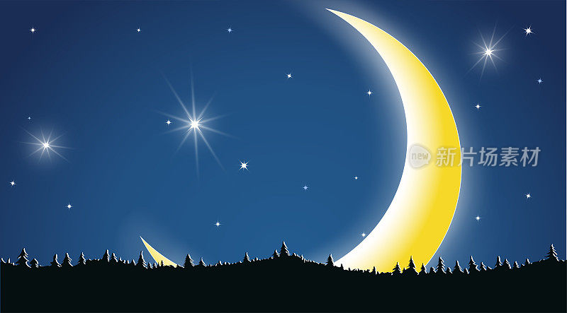 Night scene of the night moon on the background of the forest. Rising moon landscape with bright and twinkling stars